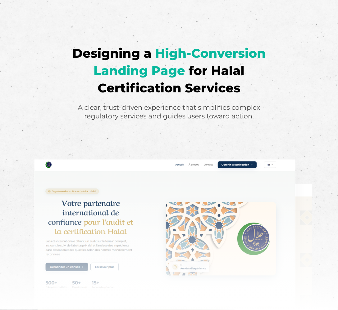 Modern landing page for halal certification and audit services.
